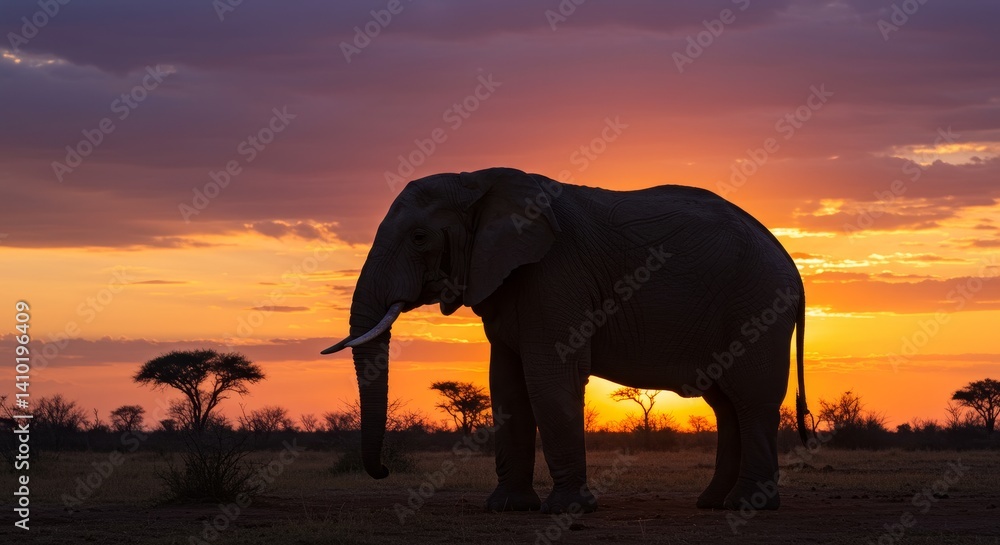 Fototapeta premium African Elephant Sunset Silhouette - Majestic elephant silhouetted against a vibrant sunset, symbolizing peace, wilderness, strength, beauty, and the circle of life