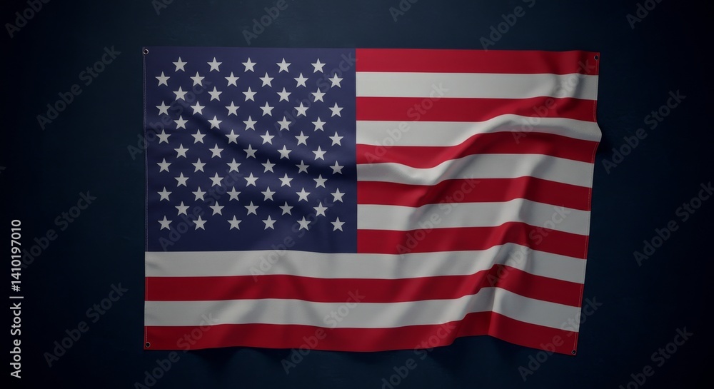 Obraz premium American Flag Fabric Drape Dark Navy Background - Patriotic symbol, national pride, American identity, freedom, unity. A crumpled American flag on a dark navy background