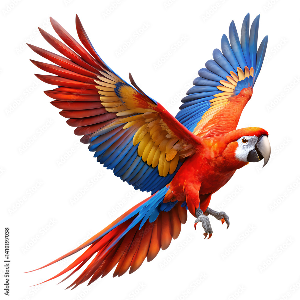 Fototapeta premium Flying Scarlet Macaw Parrot isolated on transparent background