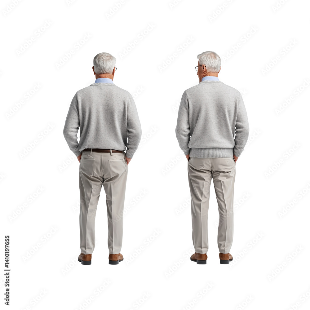Two elderly men in light gray sweaters and beige trousers standing back-to-back. Two elderly men in light gray sweaters and beige trousers standing back-to-back.
