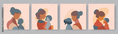 A collection of abstract illustrations of a mother hugging her children.
