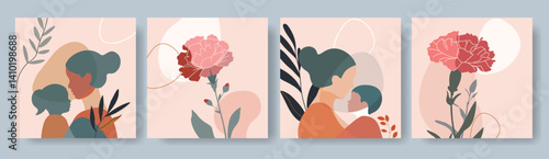 Set of vector mother's day card designs featuring abstract mother with children and carnations.