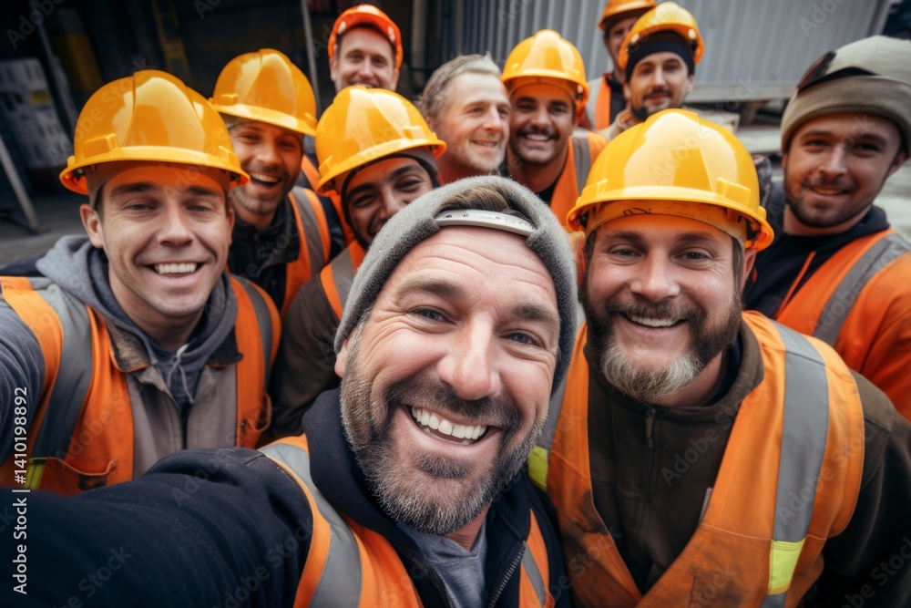 smiling group of construction workers taking a selfie smiling group of construction workers taking a selfie