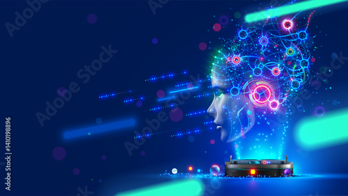 Artificial intelligence. AI head with neural network brain hanging over virtual digital podium. Wise female face in cyberspace. Machine learning. Mind of cyborg or robot in vr reality. Future concept