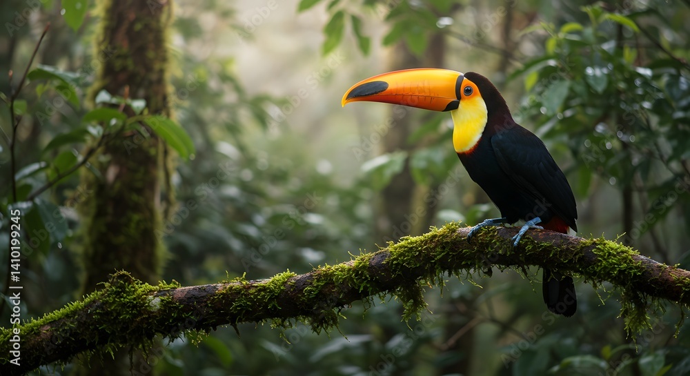 Obraz premium Brightly colored toucan perched on a mossy branch in a dense tropical rainforest during the early morning light Generative AI