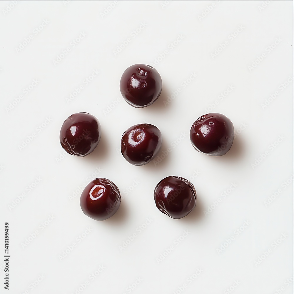 Dark red, round fruits arranged in a star pattern on a white surface Dark red, round fruits arranged in a star pattern on a white surface