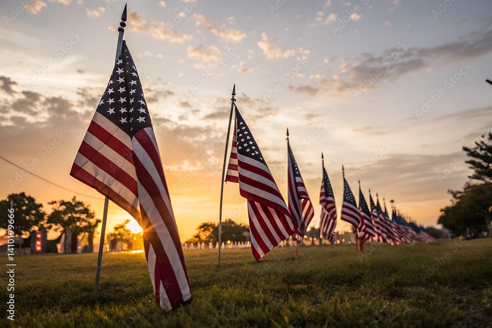 Obraz premium American Flags at Sunrise A Remembrance of Patriotism and Sacrifice