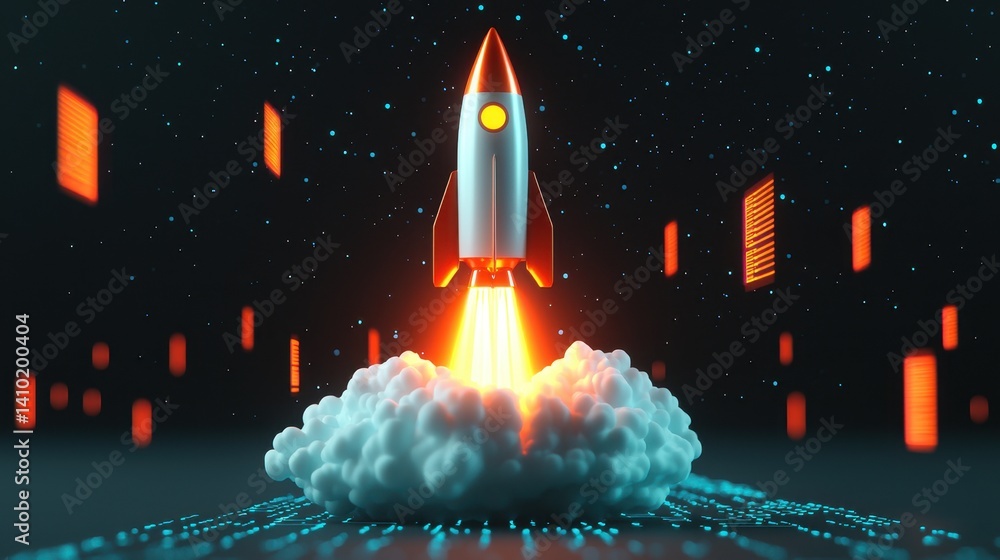 Fototapeta premium 3D rocket blasting off with clouds of data intense focus exhilarating mood dramatic lighting side angle view outer space