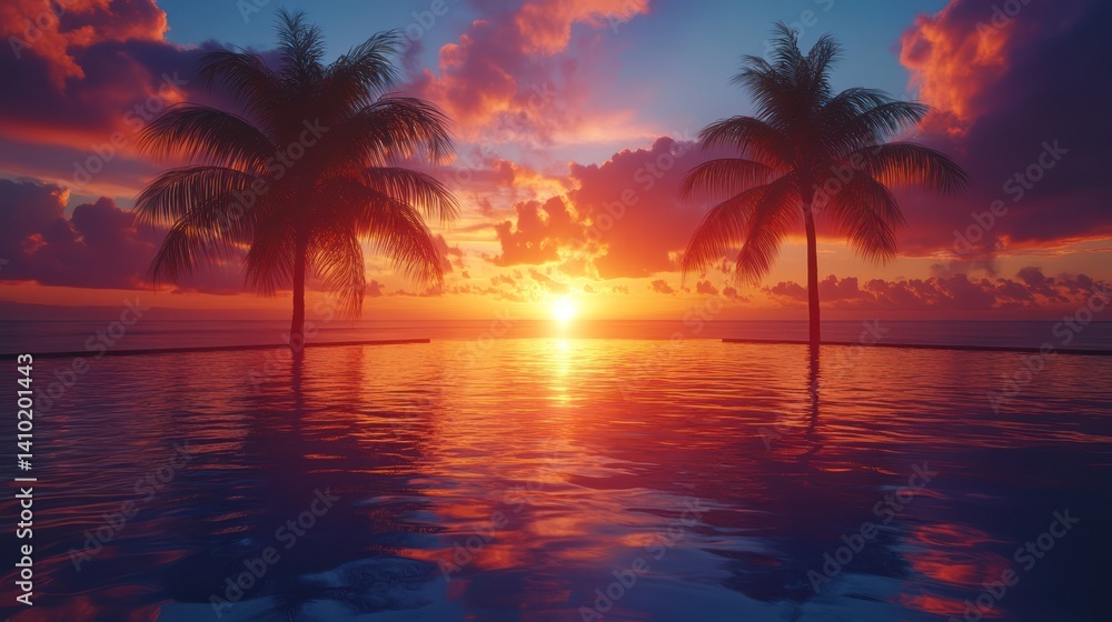 Sunset tropical palm trees ocean Sunset tropical palm trees ocean