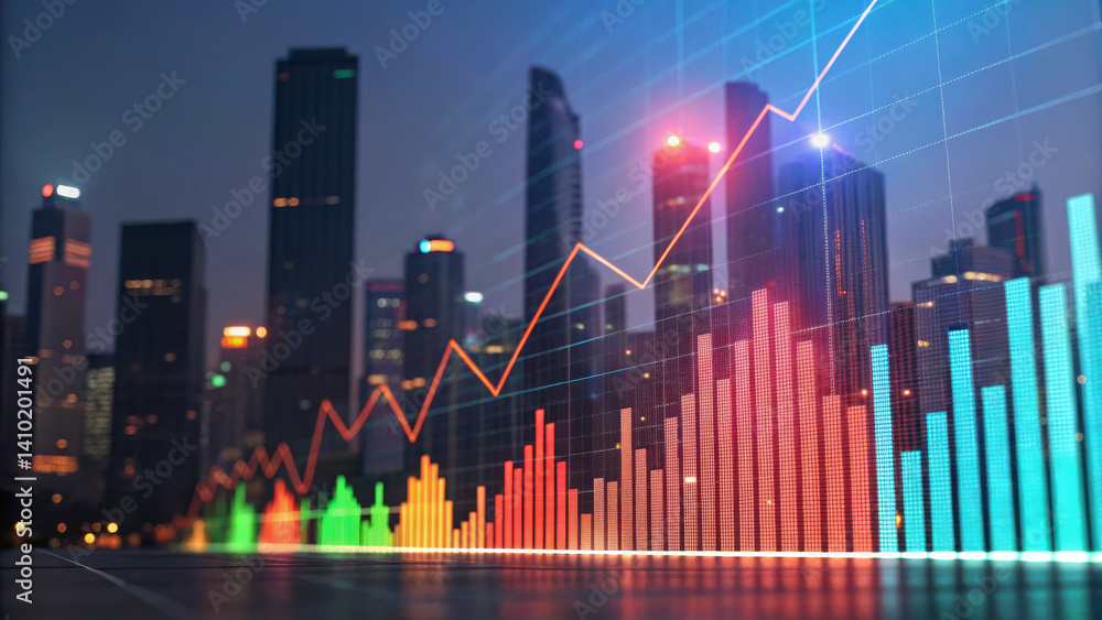 vibrant city skyline at night showcases dynamic business environment with rising graphs symbolizing growth and success vibrant city skyline at night showcases dynamic business environment with rising graphs symbolizing growth and success