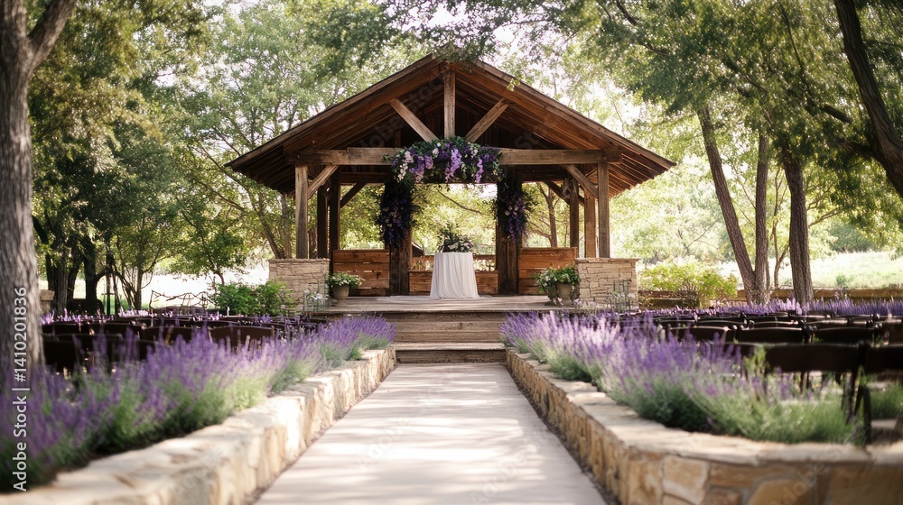 Rustic wooden gazebo wedding venue with lavender aisle. Rustic wooden gazebo wedding venue with lavender aisle.