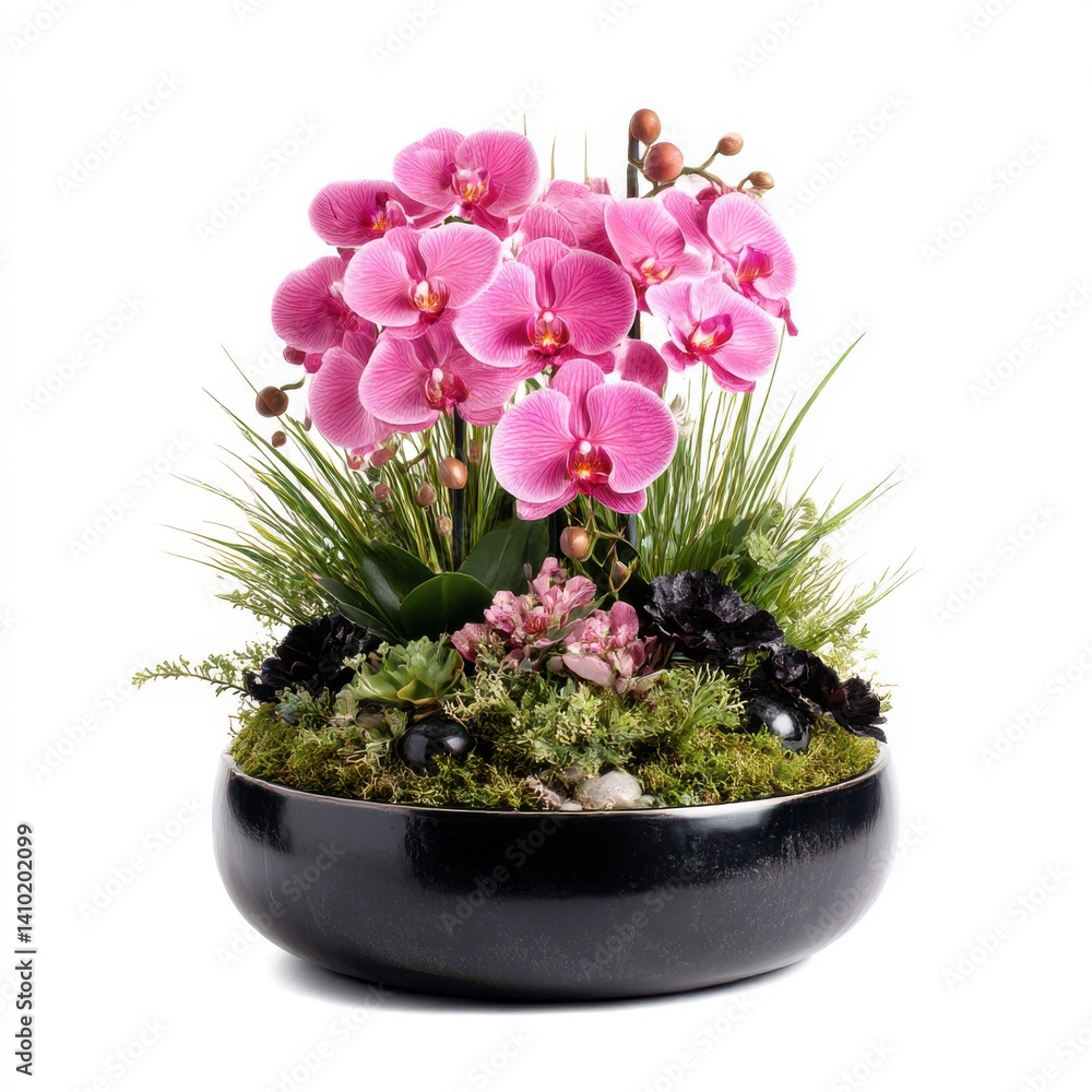 Naklejka premium Pink orchid arrangement in bowl on white background