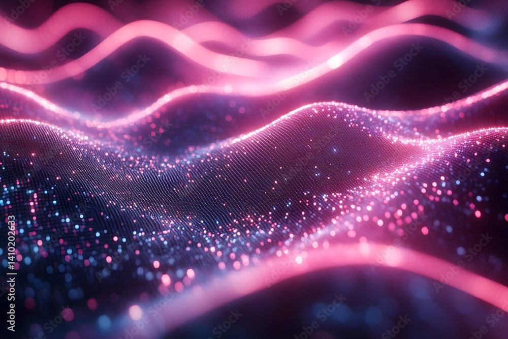 Abstract futuristic glowing wave of pink and blue neon particles digital data flow background Abstract futuristic glowing wave of pink and blue neon particles digital data flow background
