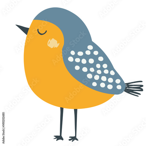 Folk Art Bird SVG in Yellow and Blue, Whimsical Singing Bird with Simple Shapes in Artistic Modern Style Vector