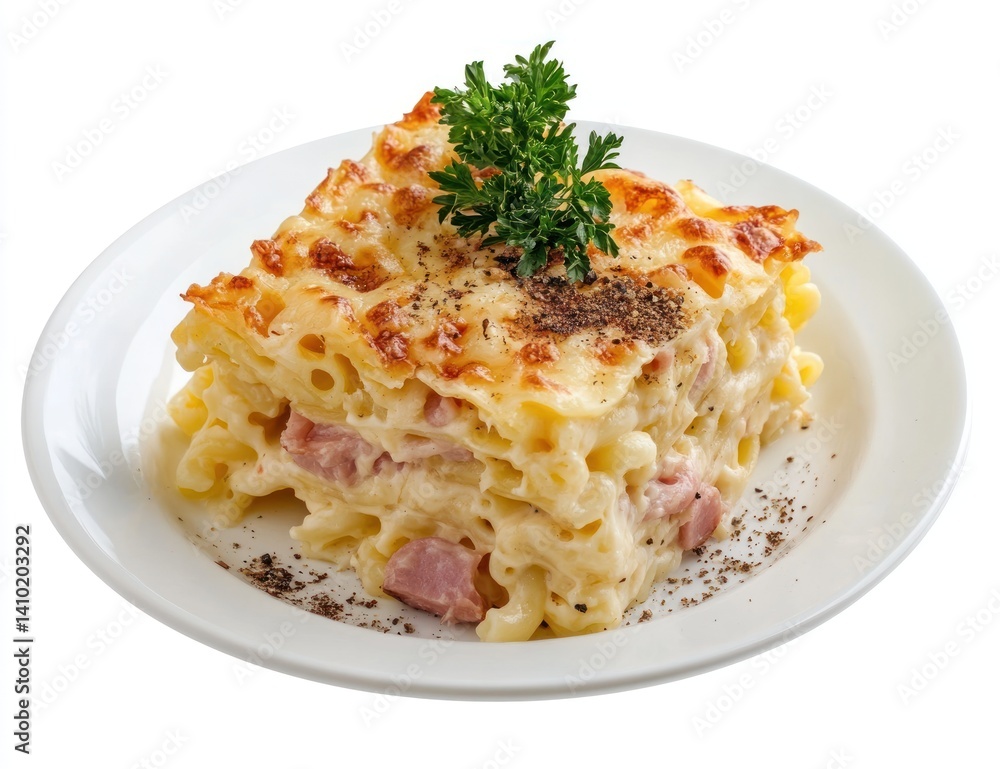 Baked macaroni and cheese with ham on a white plate garnished with parsley. Baked macaroni and cheese with ham on a white plate garnished with parsley.