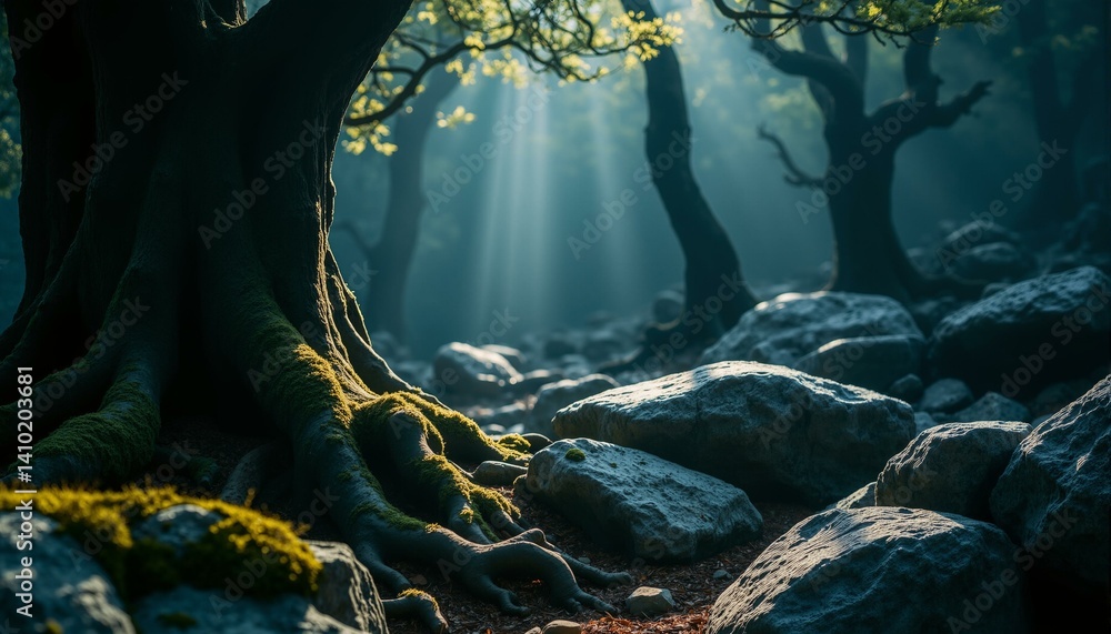 Obraz premium Ancient oak roots embrace granite rocks, glowing moss thrives in the twilight of a mysterious forest.
