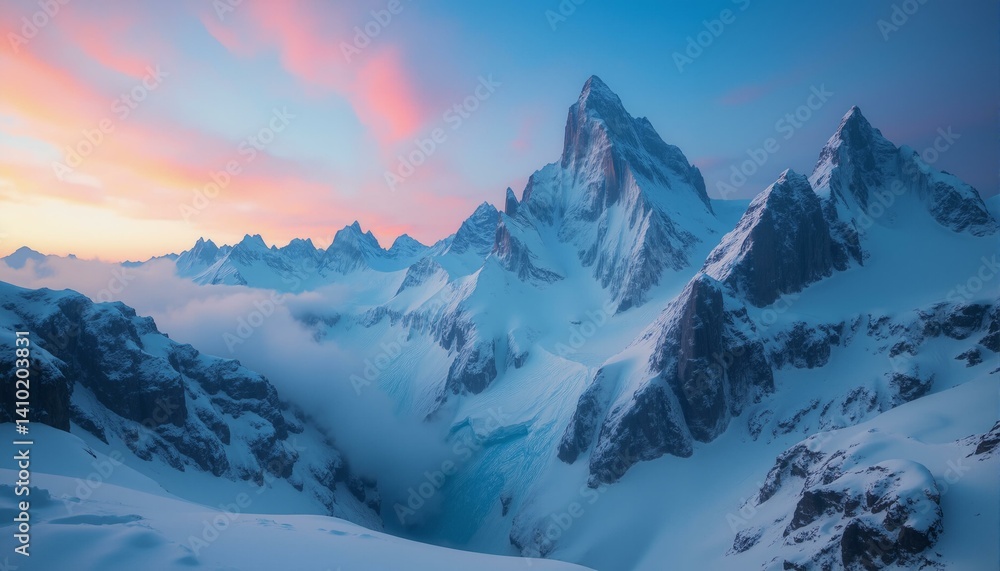 Obraz premium Majestic snow-covered granite peaks under a swirling blizzard at twilight, showcasing icy crevices and colorful sky.