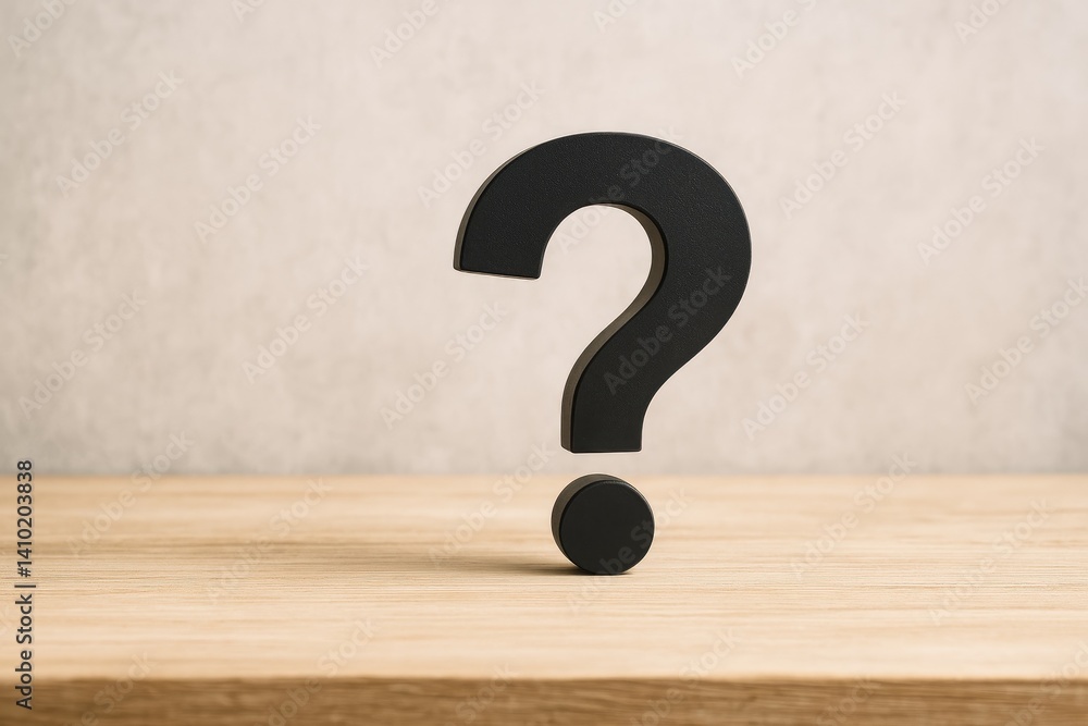 Black question mark on wooden surface and neutral background Black question mark on wooden surface and neutral background