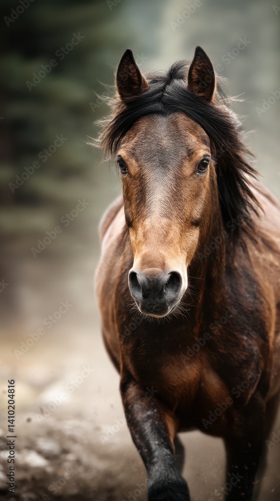 Majestic brown horse galloping through the forest in soft morning light Majestic brown horse galloping through the forest in soft morning light