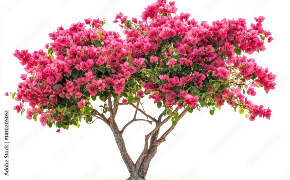Fototapeta premium Vibrant pink bougainvillea tree against white background. A lush, flowering shrub with abundant, vibrant pink blossoms and green foliage. A healthy, thriving specimen