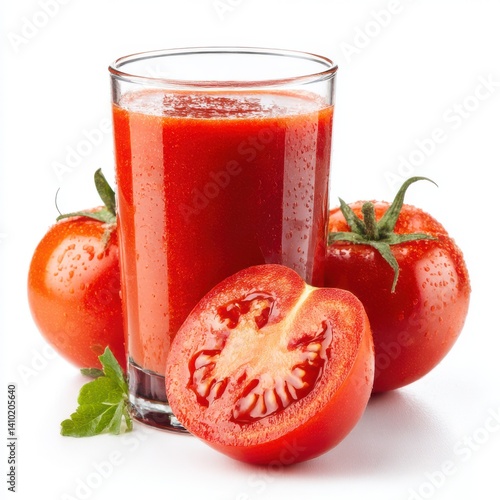 Tomato juice with fresh tomatoes on white background