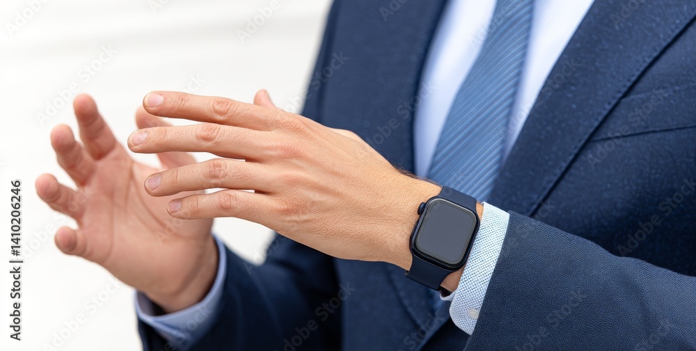 Obraz premium Close-Up of Hands of an American Businessman in a Suit Adjusting His Watch with Care