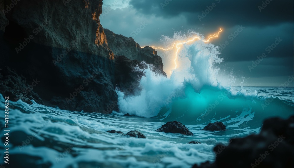 Fototapeta premium Turquoise waves crash against dark cliffs under a stormy sky; lightning illuminates the powerful ocean.