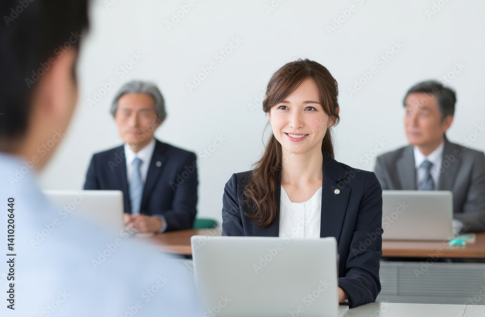 Professional Woman in Business Attire Sitting Confidently During a Meeting or Interview Session Professional Woman in Business Attire Sitting Confidently During a Meeting or Interview Session