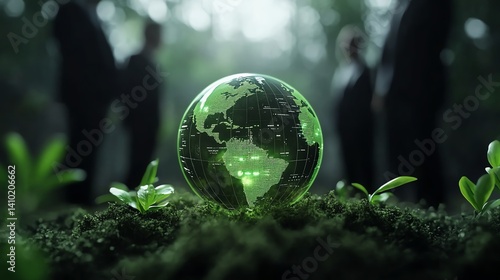 Clevel team exploring sustainability strategy with holographic earth and data points, green tech focus, 3D illustration