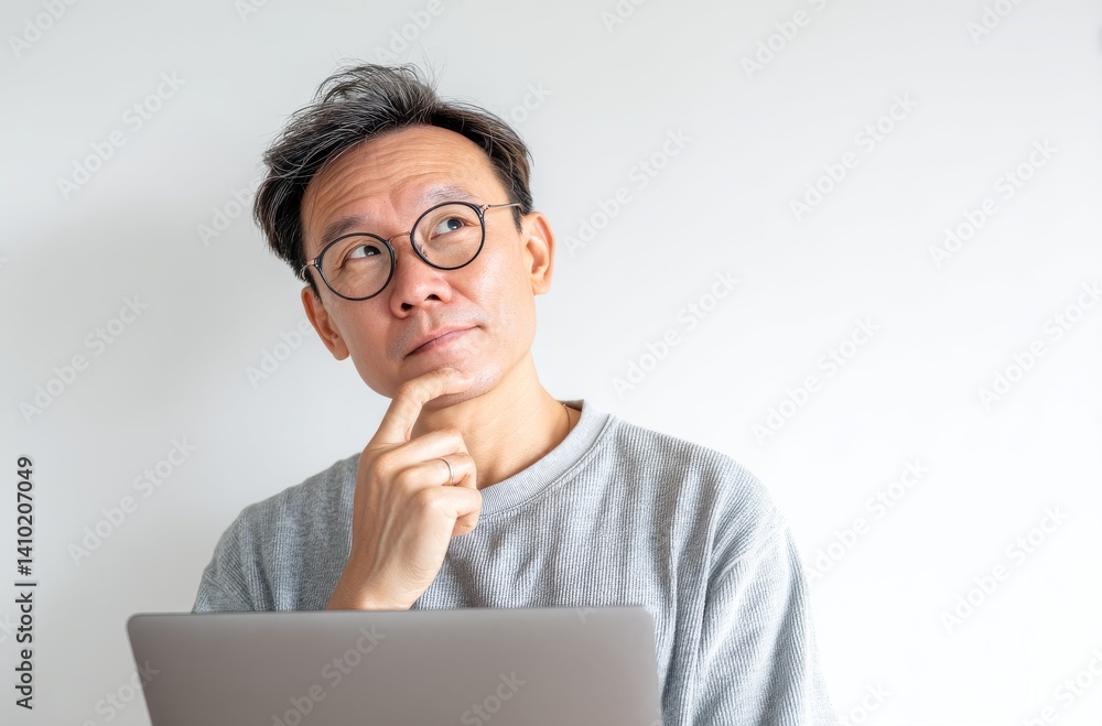 Thoughtful Middle-Aged Japanese Man with Short Blue Gray Hair Using Laptop in Casual Setting