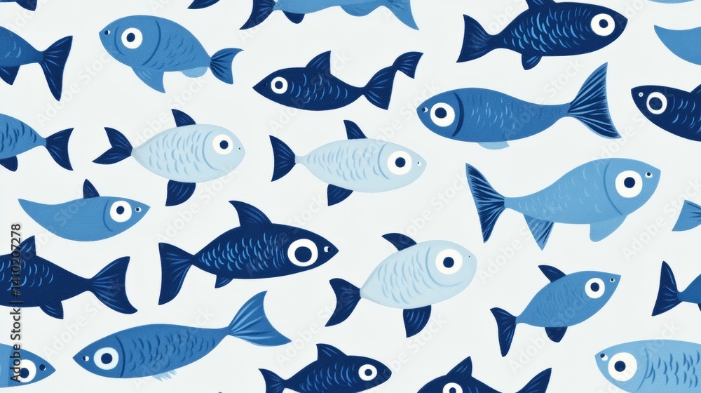 Seamless pattern with cute blue fish swimming on a light blue background, ideal for children's products and textiles Seamless pattern with cute blue fish swimming on a light blue background, ideal for children's products and textiles