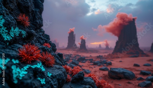 Shattered obsidian ruins, turquoise lichen, rust fungi, ochre dust storm, desolate cityscape, violet sky.