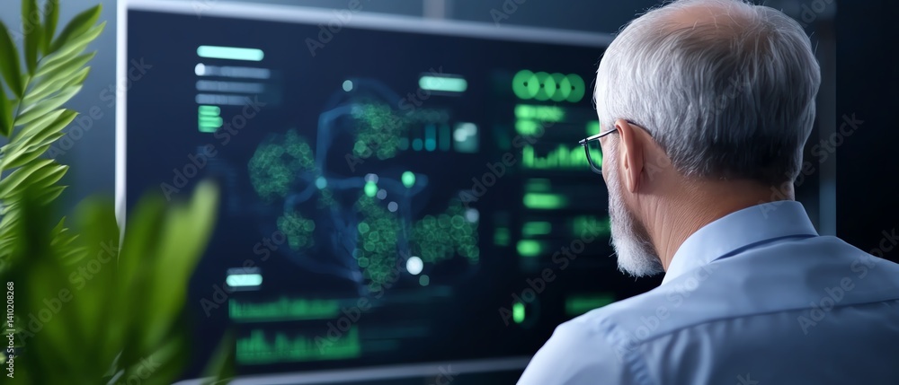 Executives in modern workspace engaged with interactive big data visualization wall, enterprise strategy, 3D illustration Executives in modern workspace engaged with interactive big data visualization wall, enterprise strategy, 3D illustration