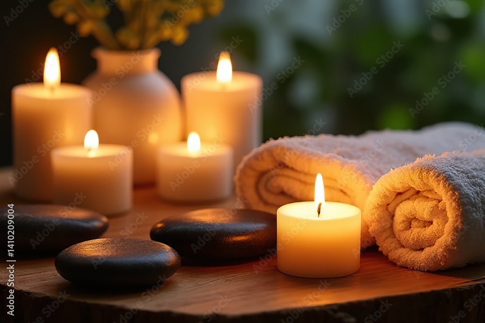 Relaxing spa experience with candles and stones indoor setting still life calm atmosphere close-up view Relaxing spa experience with candles and stones indoor setting still life calm atmosphere close-up view