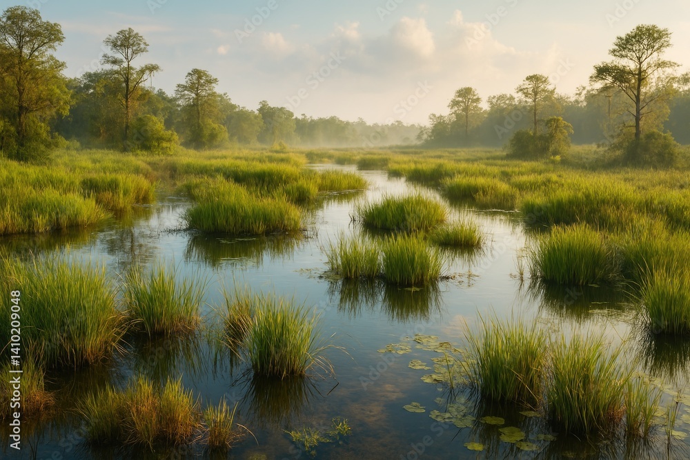 Serene wetlands with lush vegetation and peaceful atmosphere Serene wetlands with lush vegetation and peaceful atmosphere