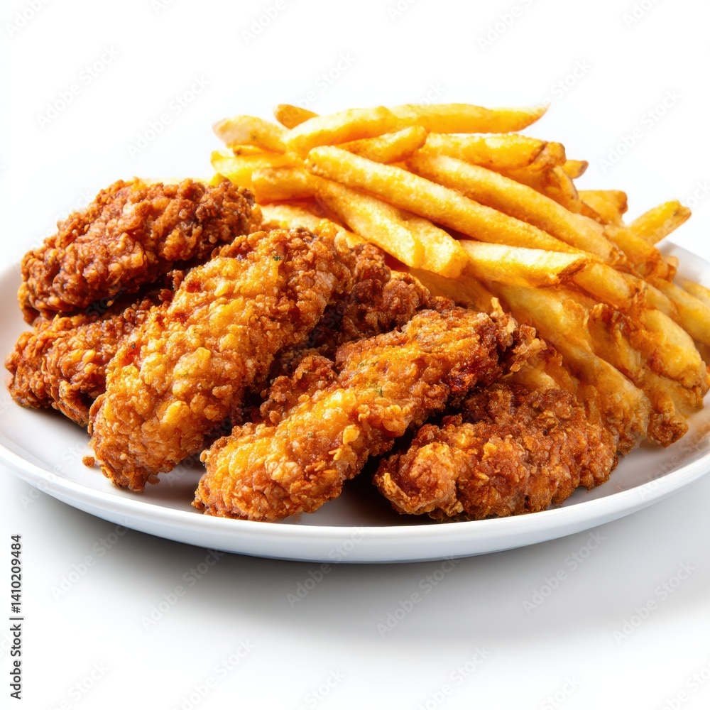 Crispy chicken with fries served on plate on white background Crispy chicken with fries served on plate on white background
