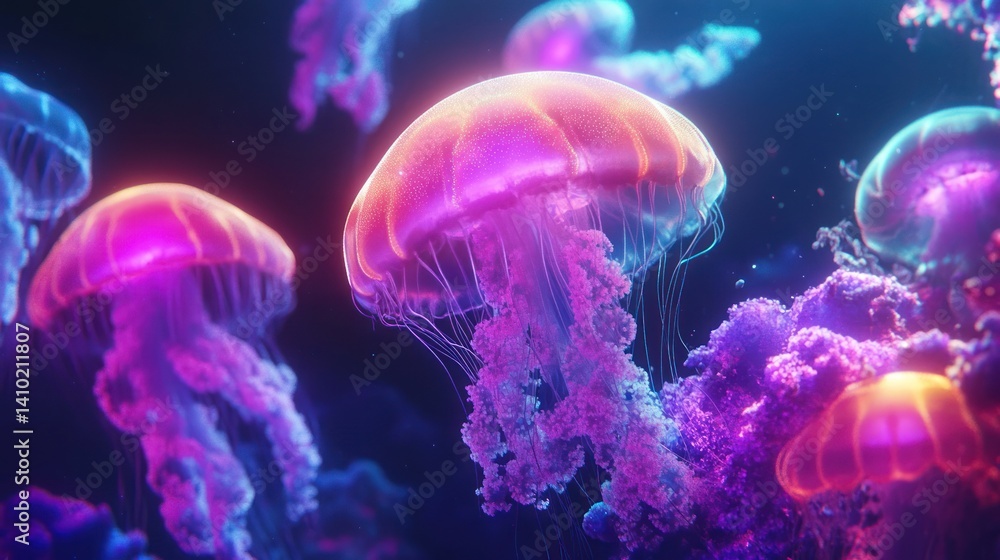 Bioluminescent jellyfish gracefully floating in a deep aquatic environment Bioluminescent jellyfish gracefully floating in a deep aquatic environment