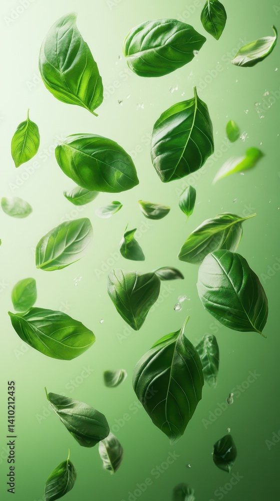 Fresh green basil leaves float gracefully against a soft green background in a vibrant culinary display Fresh green basil leaves float gracefully against a soft green background in a vibrant culinary display