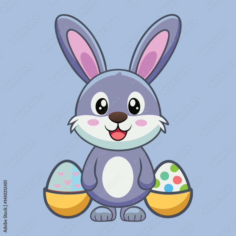 Cute pink cartoon bunny rabbit with easter eggs for a happy spring holiday illustration Cute pink cartoon bunny rabbit with easter eggs for a happy spring holiday illustration