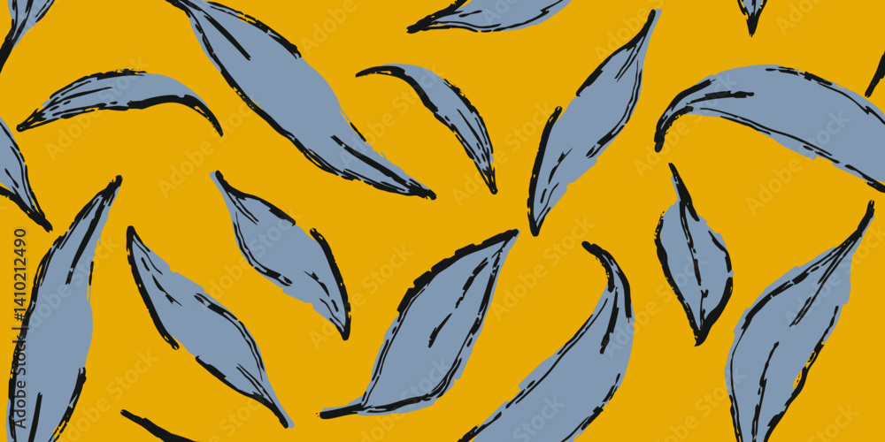 Obraz premium Abstract pattern of blue leaves on a yellow background
