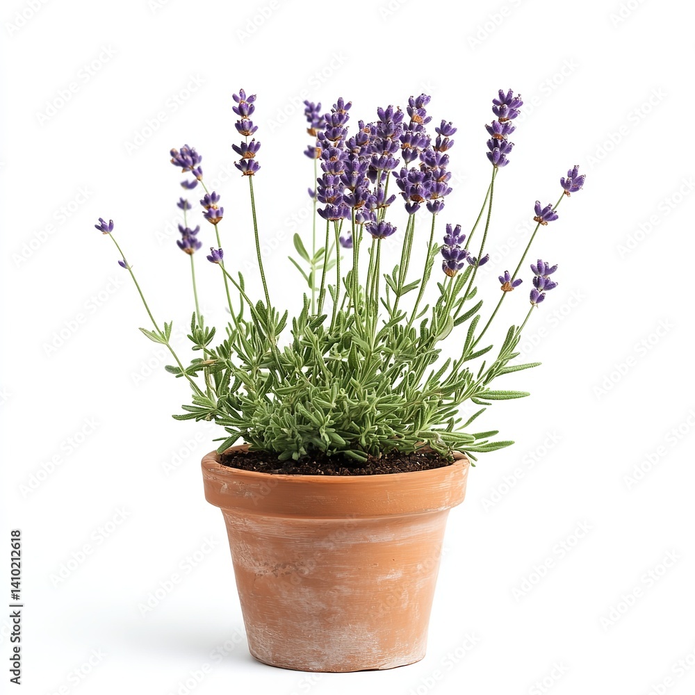 Fototapeta premium Lavender plant in pot isolated on white background for garden and home decor ideas and floral arrangements