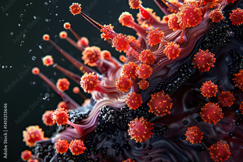 Fototapeta premium Artistic macro view of red cells encapsulating covid-19 virus particle