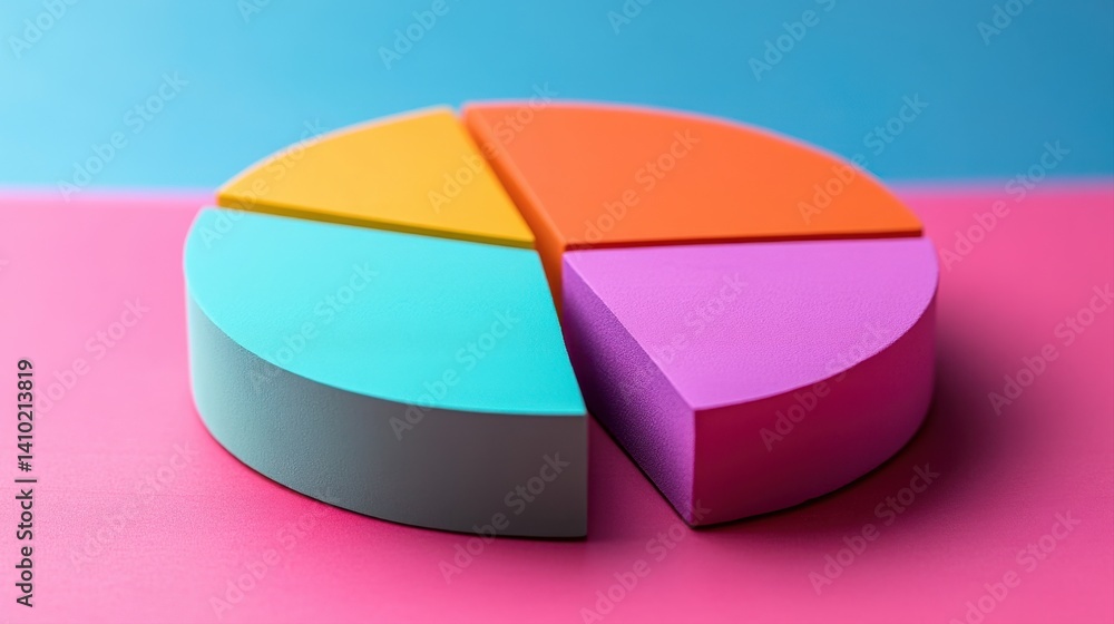 Fototapeta premium Colorful pie chart made of foam pieces on a bright pink and blue background displaying data representation concepts
