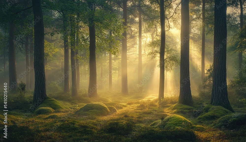 Fototapeta premium Sunlight streams through a misty forest. Sunlight filtering through a dense forest, illuminating moss-covered forest floor. Tranquil woodland scene