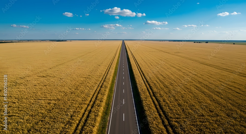 Fototapeta premium Aerial View of Long Straight Road Through Expansive Golden Fields
