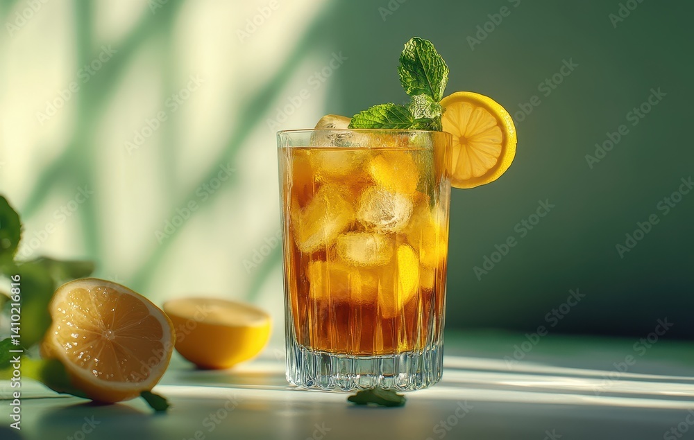 Refreshing iced tea with lemon slices and mint leaves in a clear glass on a sunny day, garnished with fresh mint and lemon zest Refreshing iced tea with lemon slices and mint leaves in a clear glass on a sunny day, garnished with fresh mint and lemon zest