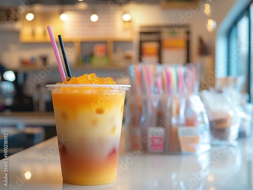 Refreshing layered iced beverage with vibrant colors served in a clear cup at a trendy cafe, showcasing a bright, inviting atmosphere for summer enjoyment