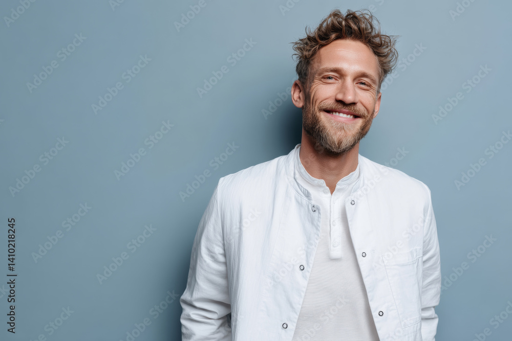 Casual middle-aged man smiling, white shirt against blue wall, minimalist relaxed portrait.