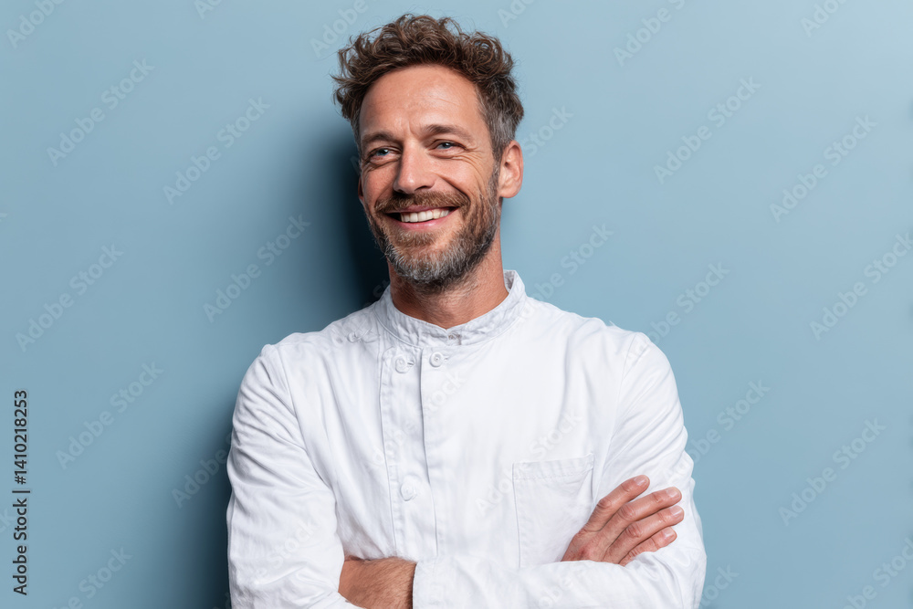 Positive middle-aged man in white shirt, minimalist portrait against light blue wall.