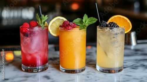 Wallpaper Mural Refreshing trio of colorful summer drinks with citrus, berries, and fresh garnishes on marble surface. Torontodigital.ca